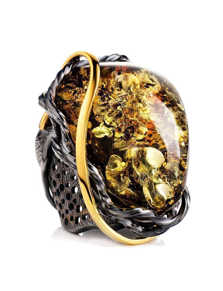 Adjustable Green Amber Cocktail Ring In Gold-Plated Silver The Sirena, Ring Size: Adjustable, image 