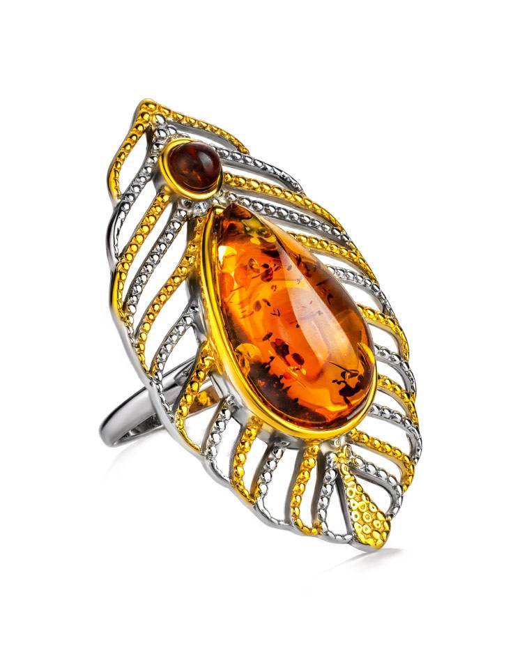 Bohemian Chic Amber Ring In Gold-Plated Silver The Peacock Feather, Ring Size: 13 / 22, image 