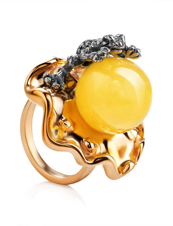 Adorable Gold-Plated Ring With Butterscotch Amber The Vasilisa​, Ring Size: 9.5 / 19.5, image 
