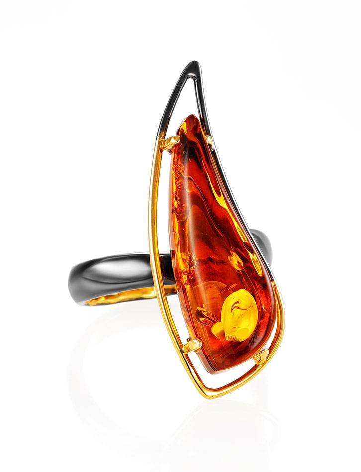 Adjustable Cognac Amber Ring in Gold Plated Sterling Silver.