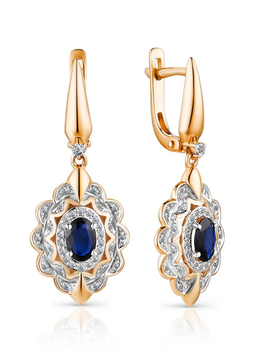 Elegant Gold Sapphire Diamond Dangle Earrings, image 