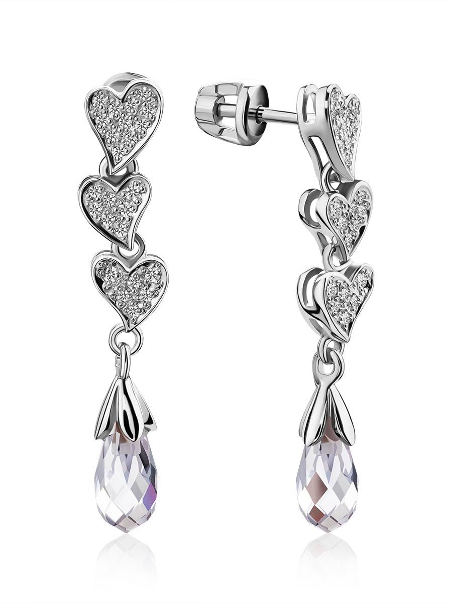 Cute Heart Motif Silver Crystal Stud Dangle Earrings, image 