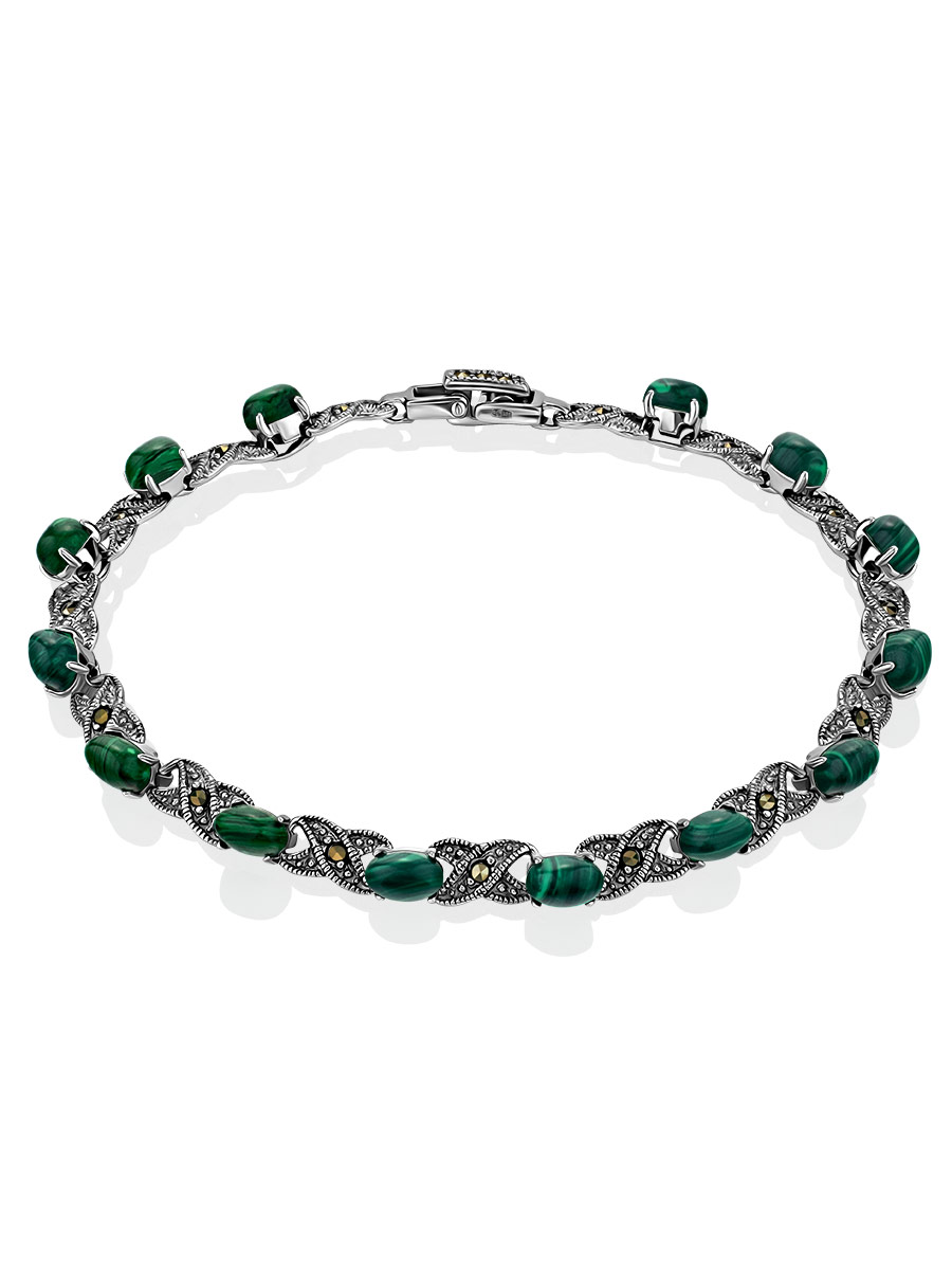Elegant Silver Reconstituted Malachite Bracelet With Marcasites The Lace, image 