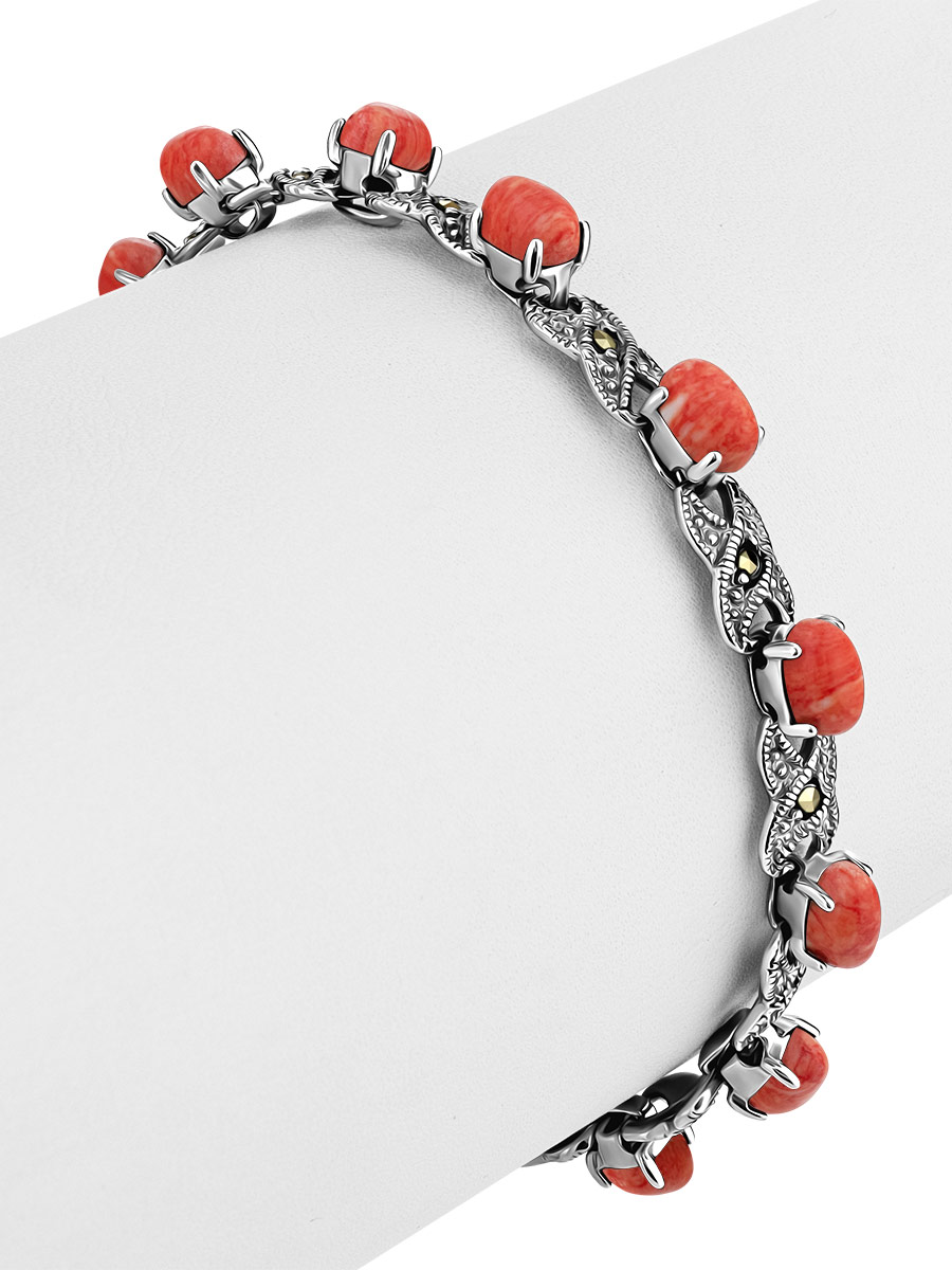 Chic Silver Reconstituted Coral Bracelet With Marcasites The Lace, image , picture 4