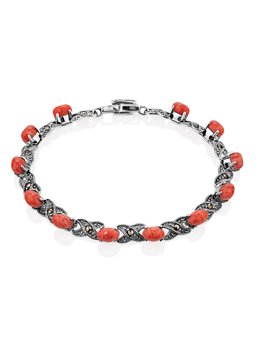 Chic Silver Reconstituted Coral Bracelet With Marcasites The Lace, image 