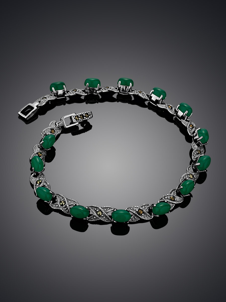 Silver Reconstructed Chrysoprase Link Bracelet With Marcasites The Lace, image , picture 2