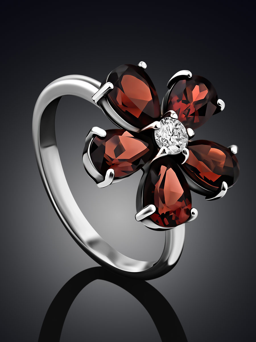 Floral Design Silver Garnet Ring, Ring Size: 7 / 17.5, image , picture 2
