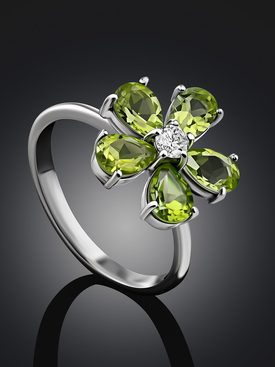Luminous Floral Design Silver Chrysolite Ring, Ring Size: 5.5 / 16, image , picture 2