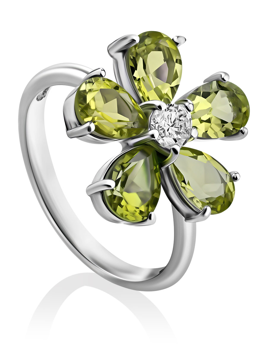 Luminous Floral Design Silver Chrysolite Ring, Ring Size: 5.5 / 16, image 
