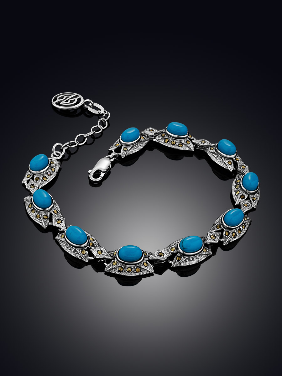 Silver Reconstituted Turquoise Bracelet With Shimmering Marcasites The Lace, image , picture 2
