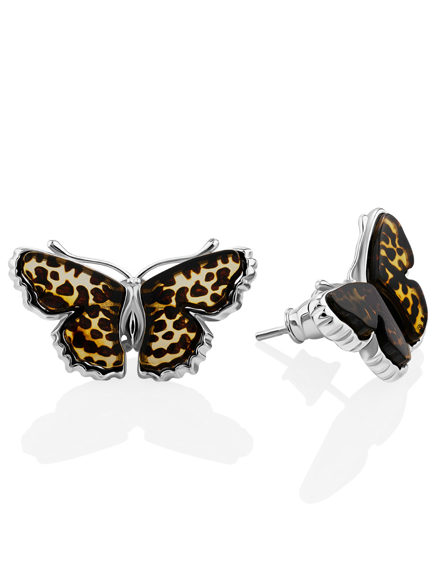Butterfly Design Amber Stud Earrings, image 
