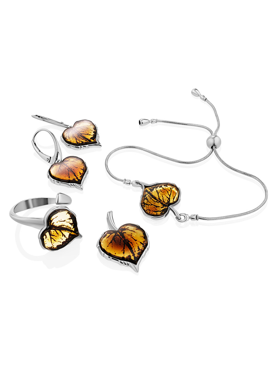 Linden Leaf Motif Silver Amber Earrings, image , picture 3