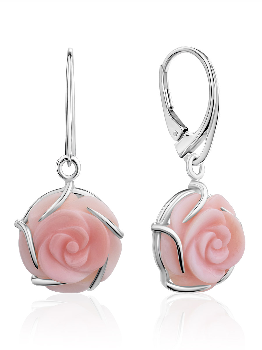 Voluptuous Rose Motif Silver And Shell Earrings, image 