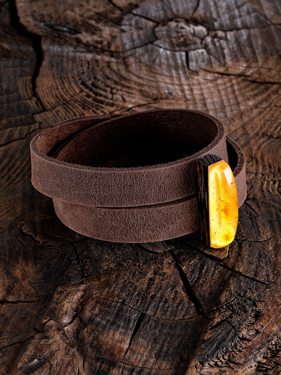 Stylish Leather Bracelet With Amber And Wood, image , picture 3