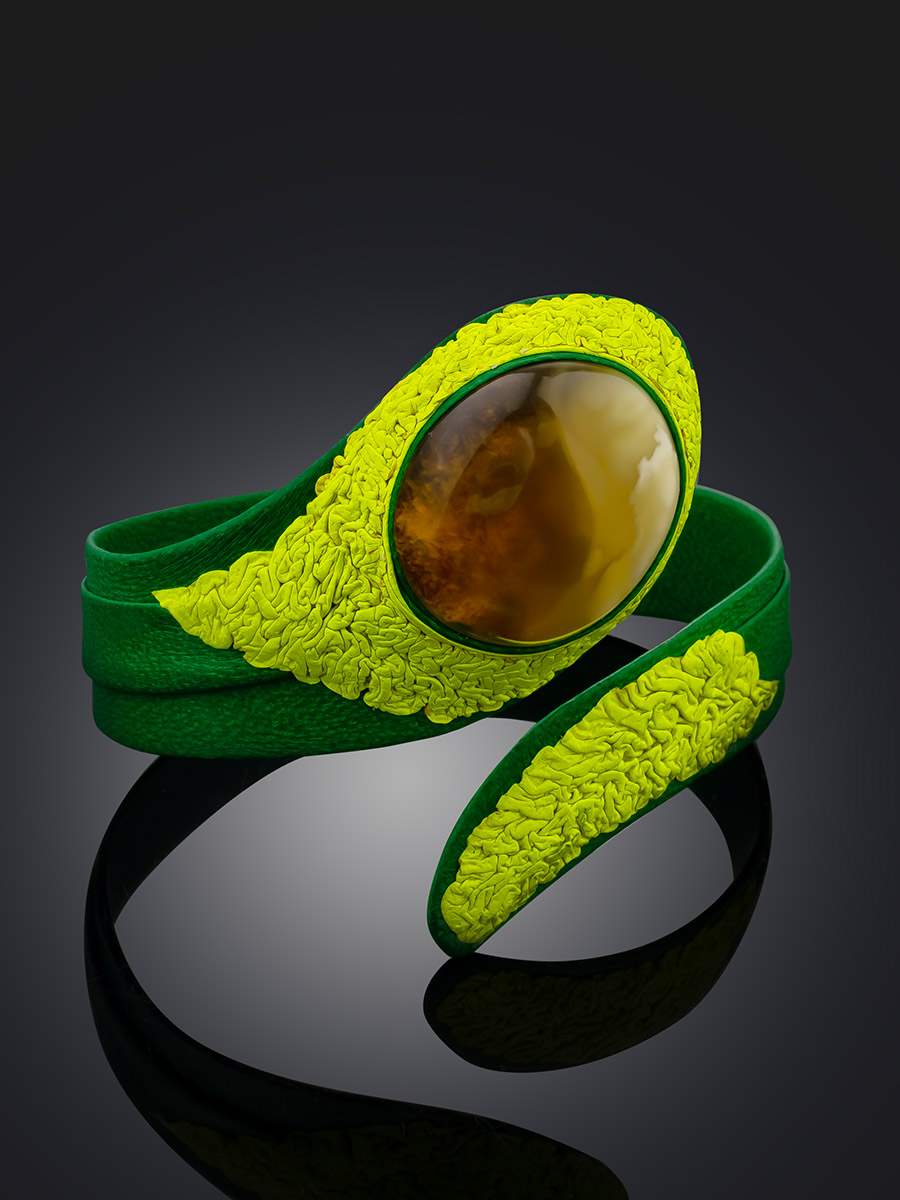 Colorful Green Leather Bracelet With Natural Amber Centerstone, image , picture 2