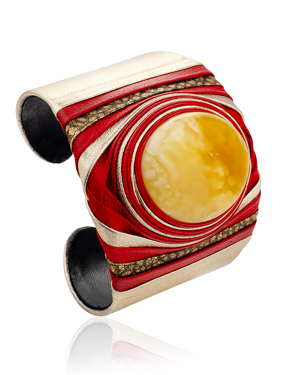 Gorgeous Leather Cuff Bracelet With Natural Amber, image 