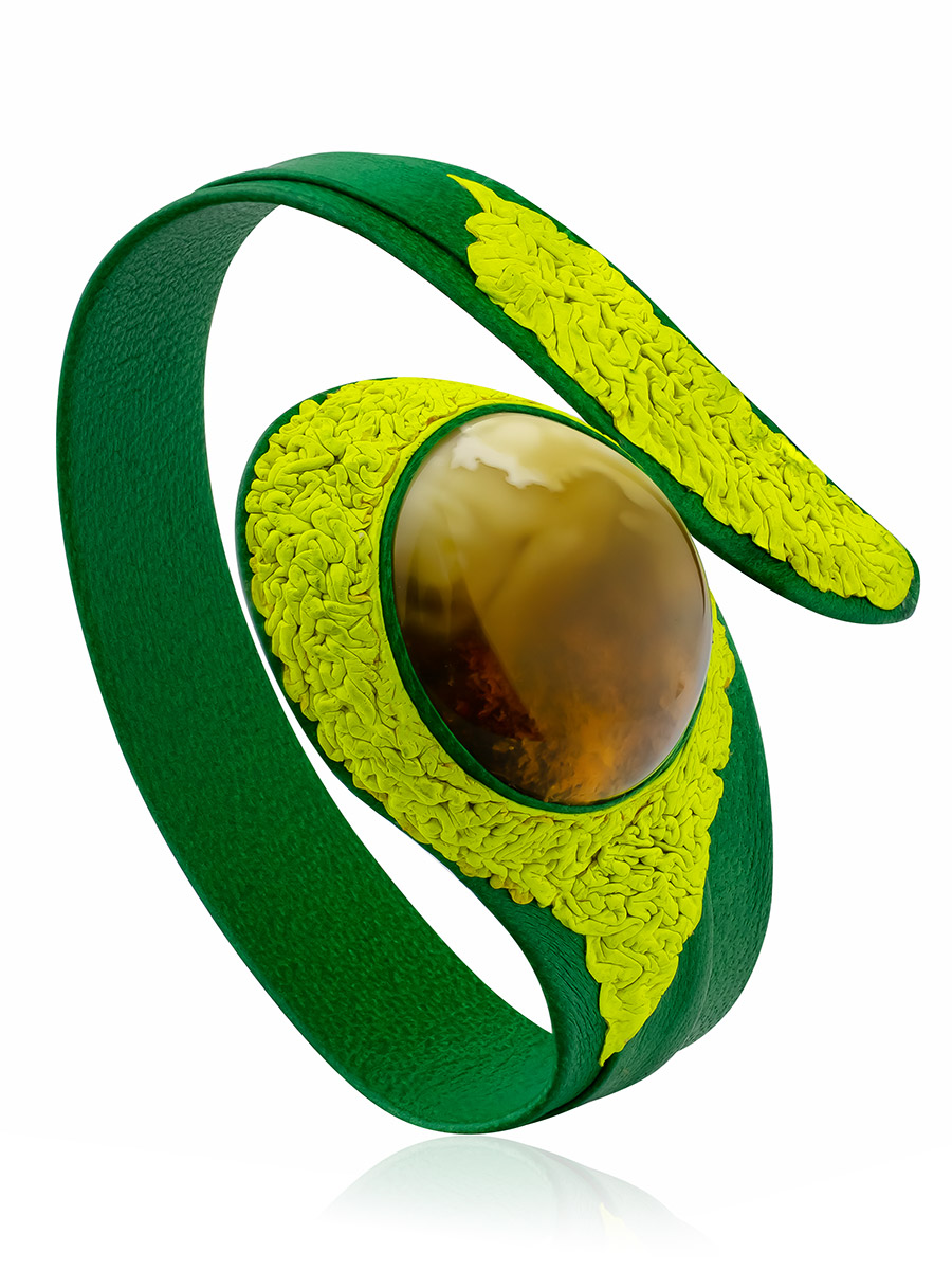 Colorful Green Leather Bracelet With Natural Amber Centerstone, image 