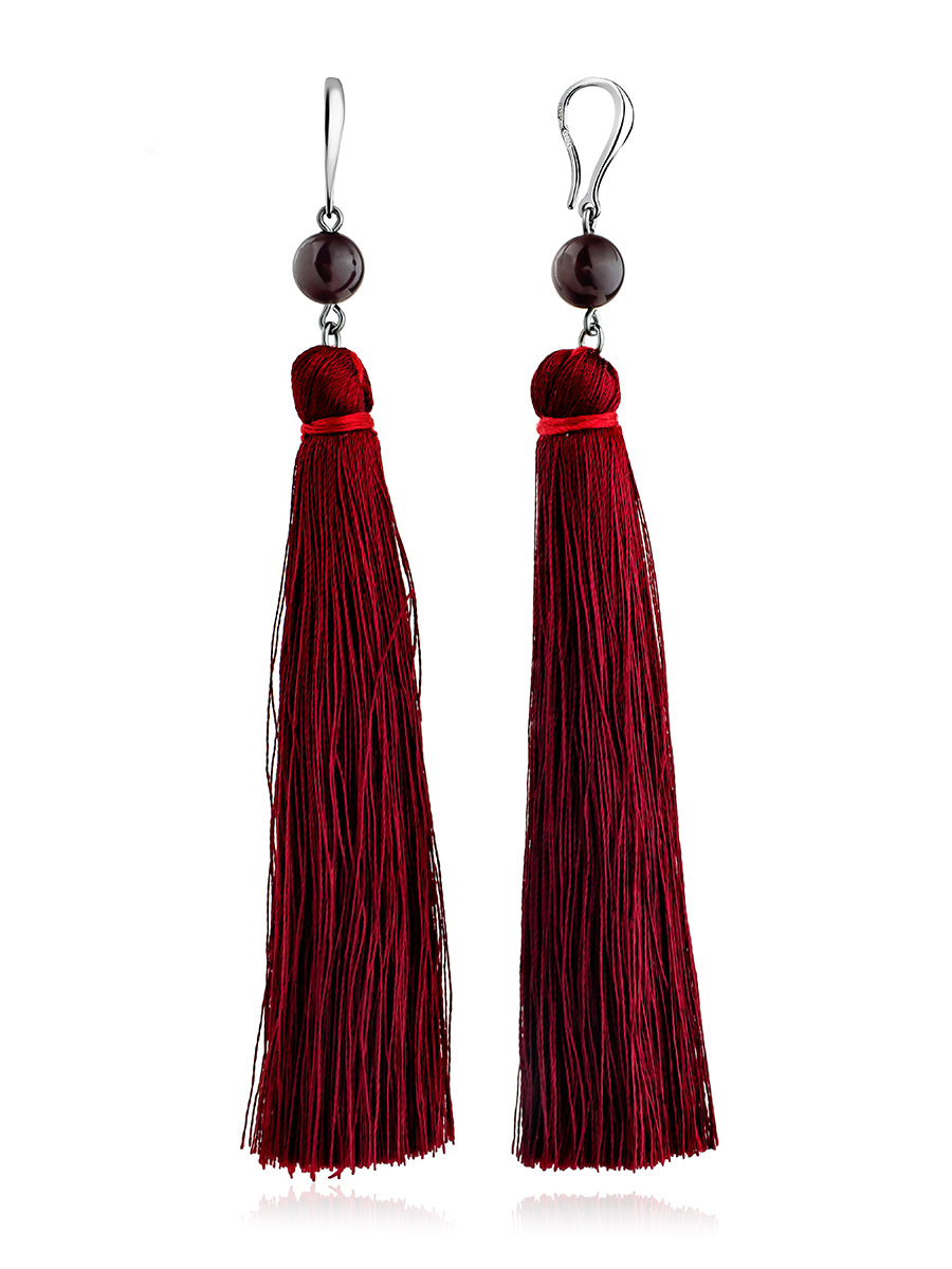Flamboyant Design Garnet Earrings With Silk Tassels, image 