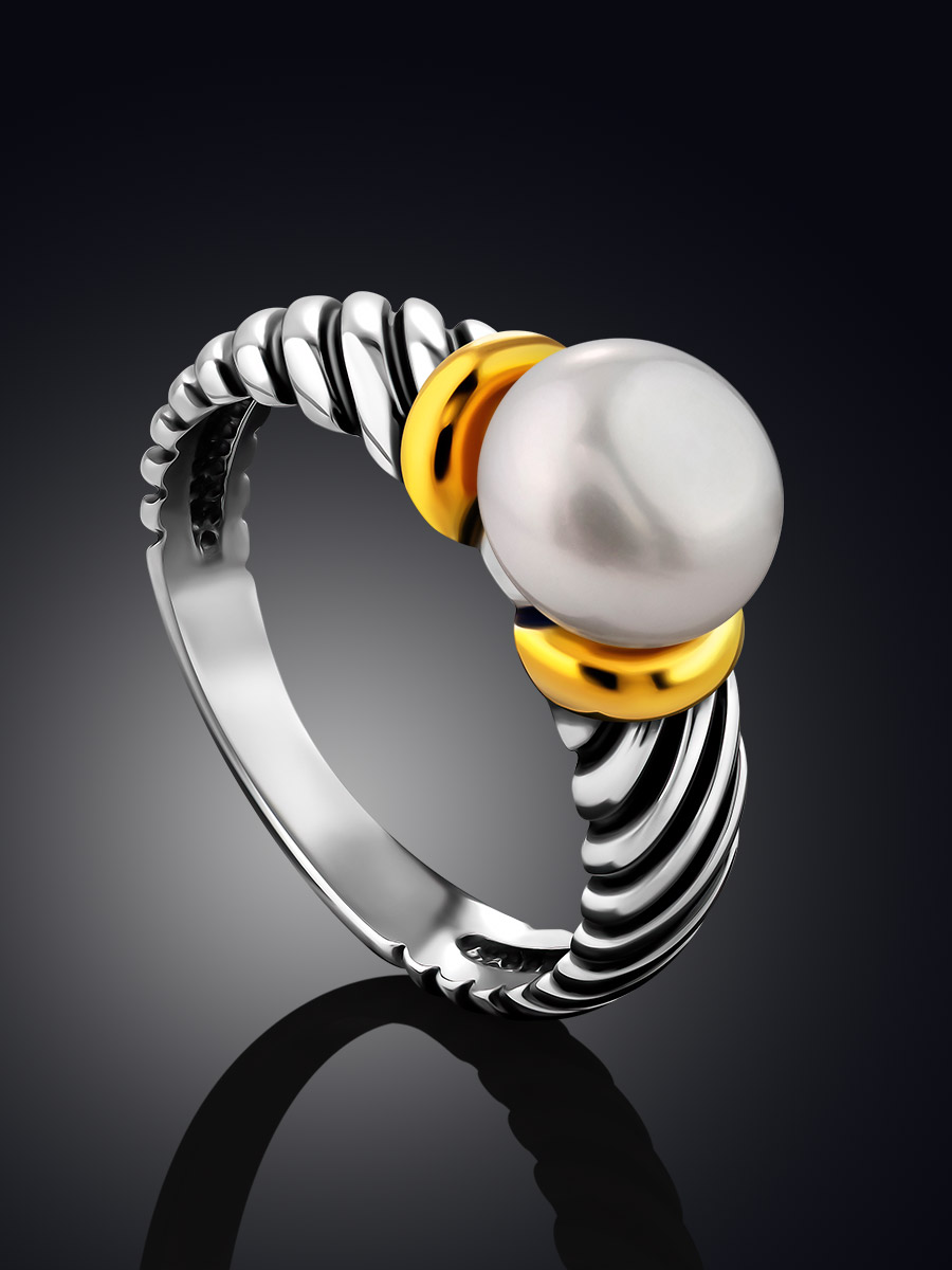 Trendy Bicolor Ring With Glossy Pearl Centerstone, Ring Size: 8 / 18, image , picture 2