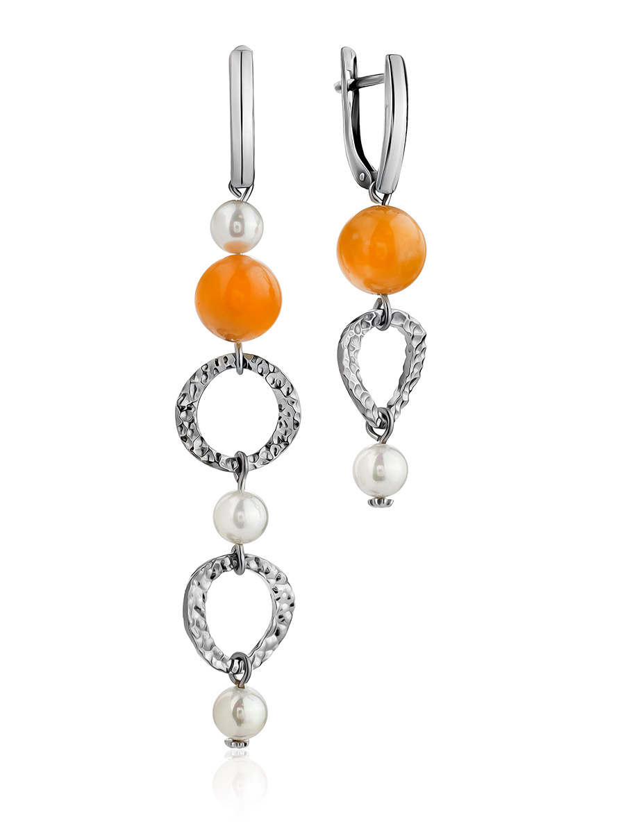 Asymmetric Design Earrings With Quartz And Faux Pearl, image 