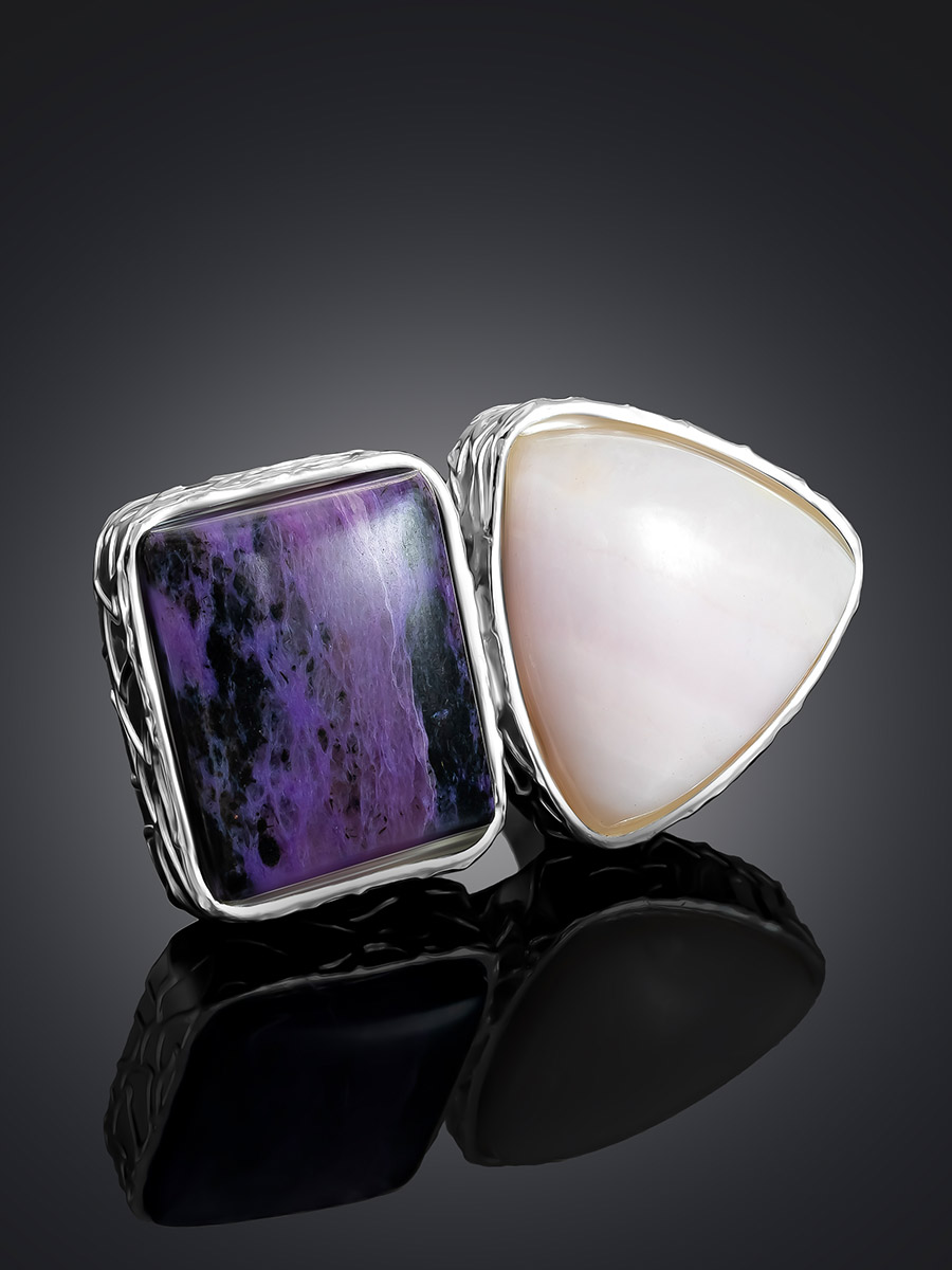 Designer Cocktail Ring With Charoite And Aragonite The Bella Terra, Ring Size: Adjustable, image , picture 2