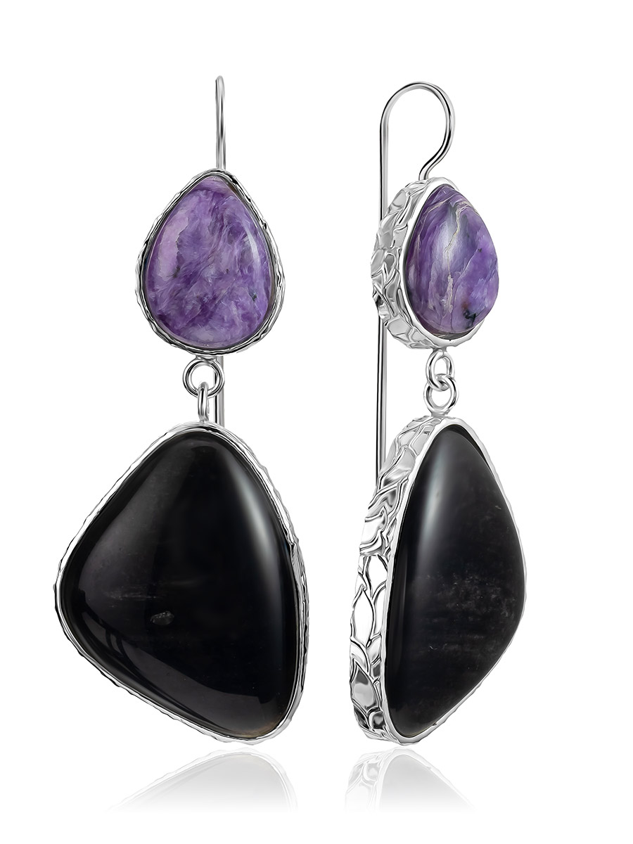 【BLACKPURPLE】Bella Four Chain Stone Earrings Extravagant Charoite And Obsidian Earrings The Bella Terra