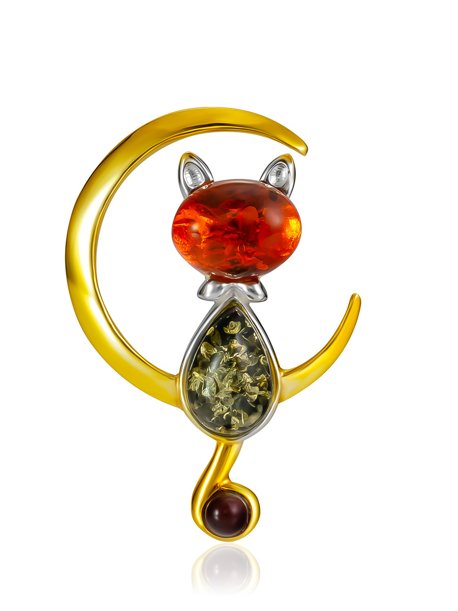 Gilded Crescent Brooch With Tiny Kitten, image 