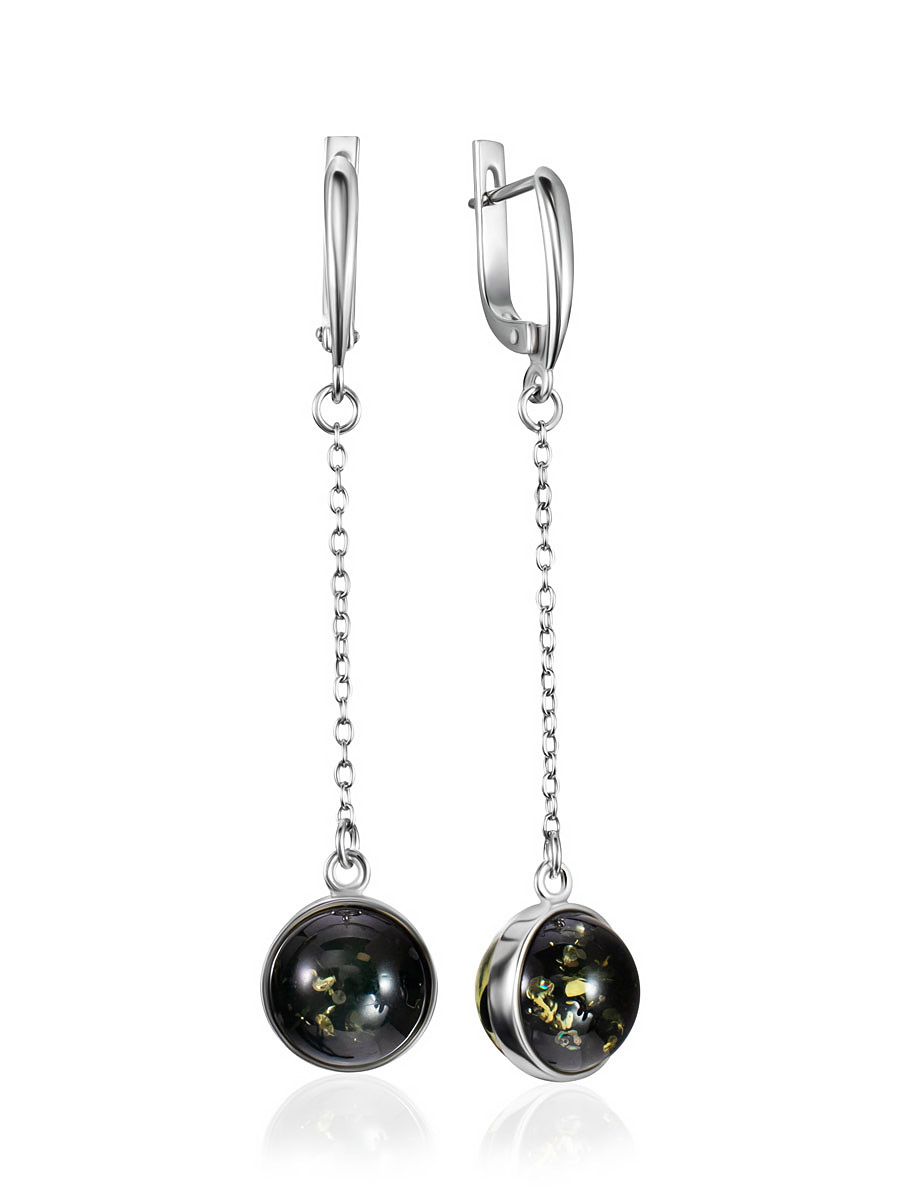 Stylish Chain Earrings With Natural Green Amber, image 