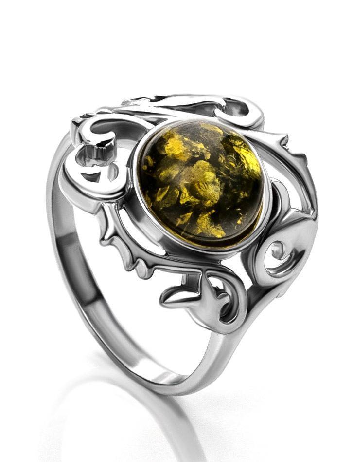 Refined Green Amber Ring In Sterling Silver The Tivoli, Ring Size: 5.5 / 16, image 