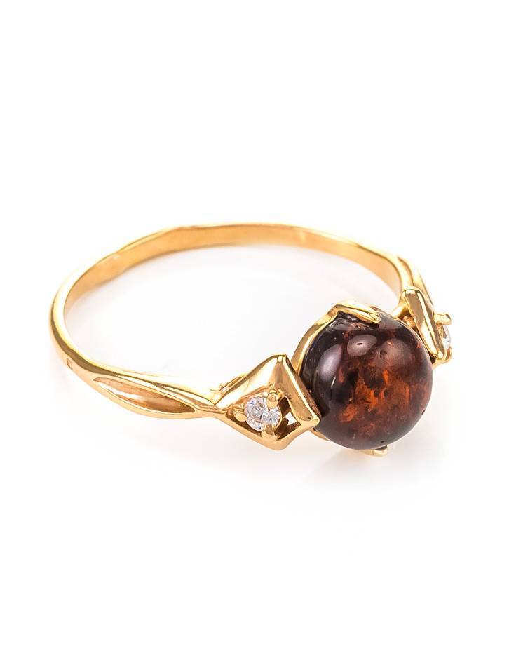 Cherry Amber Ring In Gold-Plated Silver With Crystals The Sambia, Ring Size: 9.5 / 19.5, image 