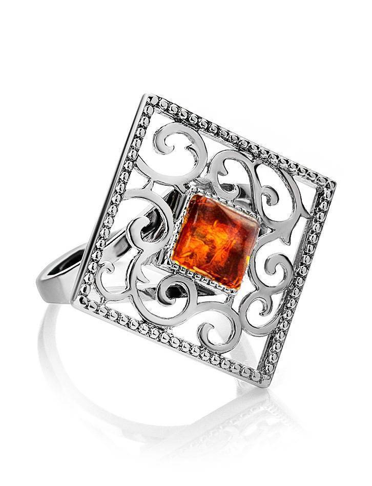 Square Sterling Silver Ring With Cognac Amber The Arabesque, Ring Size: 10 / 20, image 