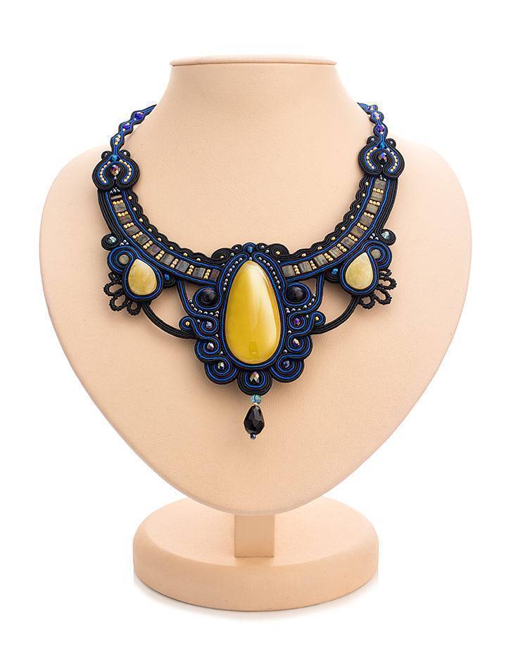 Blue Textile Braided Necklace With Honey Amber And Crystals The India, image 