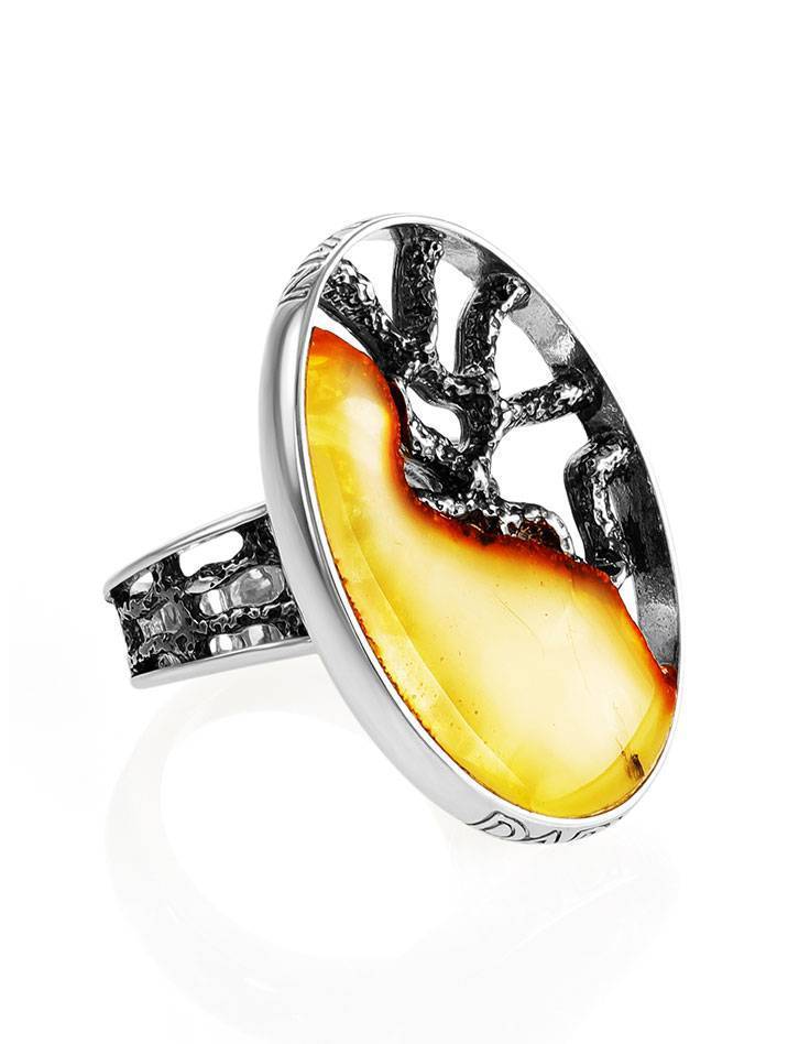Adjustable Honey Amber Ring In Sterling Silver The Lava, Ring Size: Adjustable, image 