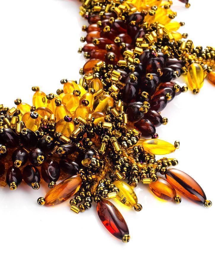 Handmade Multicolor Amber Necklace With Small Glass Beads The