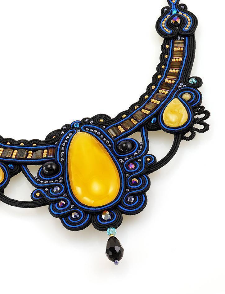 Blue Textile Braided Necklace With Honey Amber And Crystals The India, image , picture 4