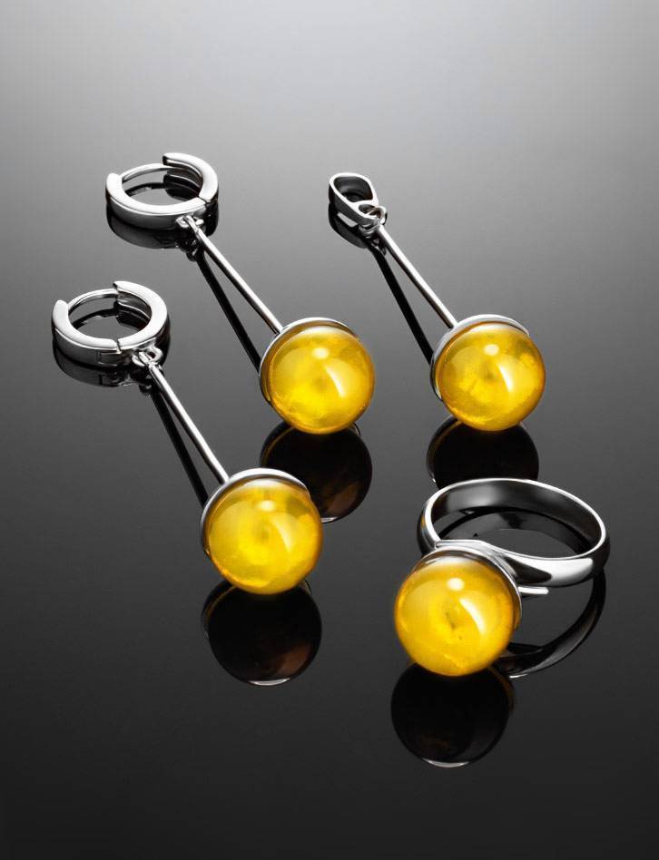 Refined Silver Ring With Ball Shaped Yellow Amber Stone The Paris, Ring Size: Adjustable, image , picture 5
