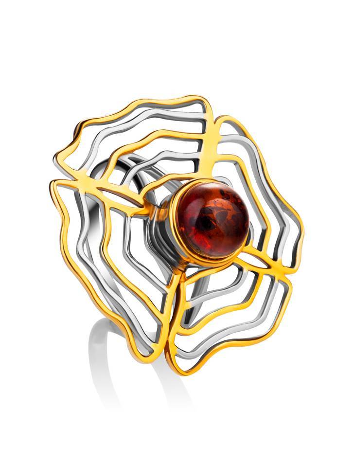 Ажурное кольцо из серебра с позолотой и натурального янтаря «Адонис» 16.5, Ring Size: 13 / 22, image 