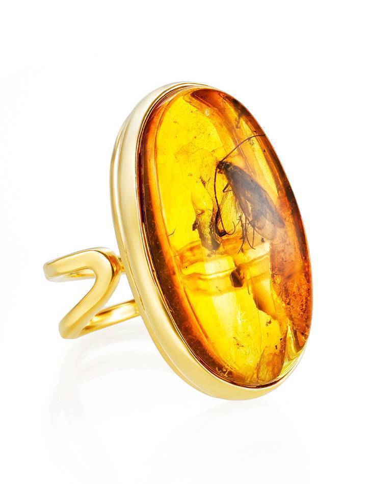 Amber With Inclusions Cocktail Ring In Gold Plated Silver The Clio, Ring Size: Adjustable, image 