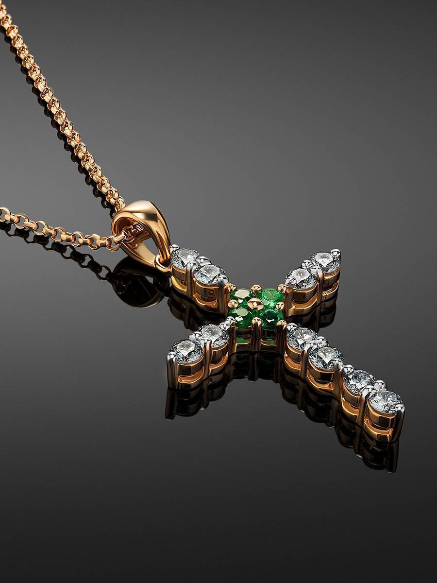 Golden Cross Necklace With Emeralds And Diamonds, image , picture 2
