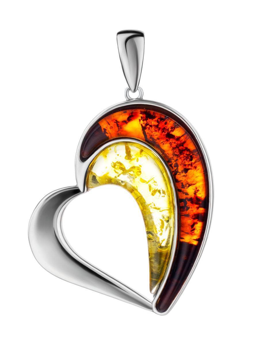 Heart Shaped Silver Pendant With Multicolor Amber The Sunrise, image 