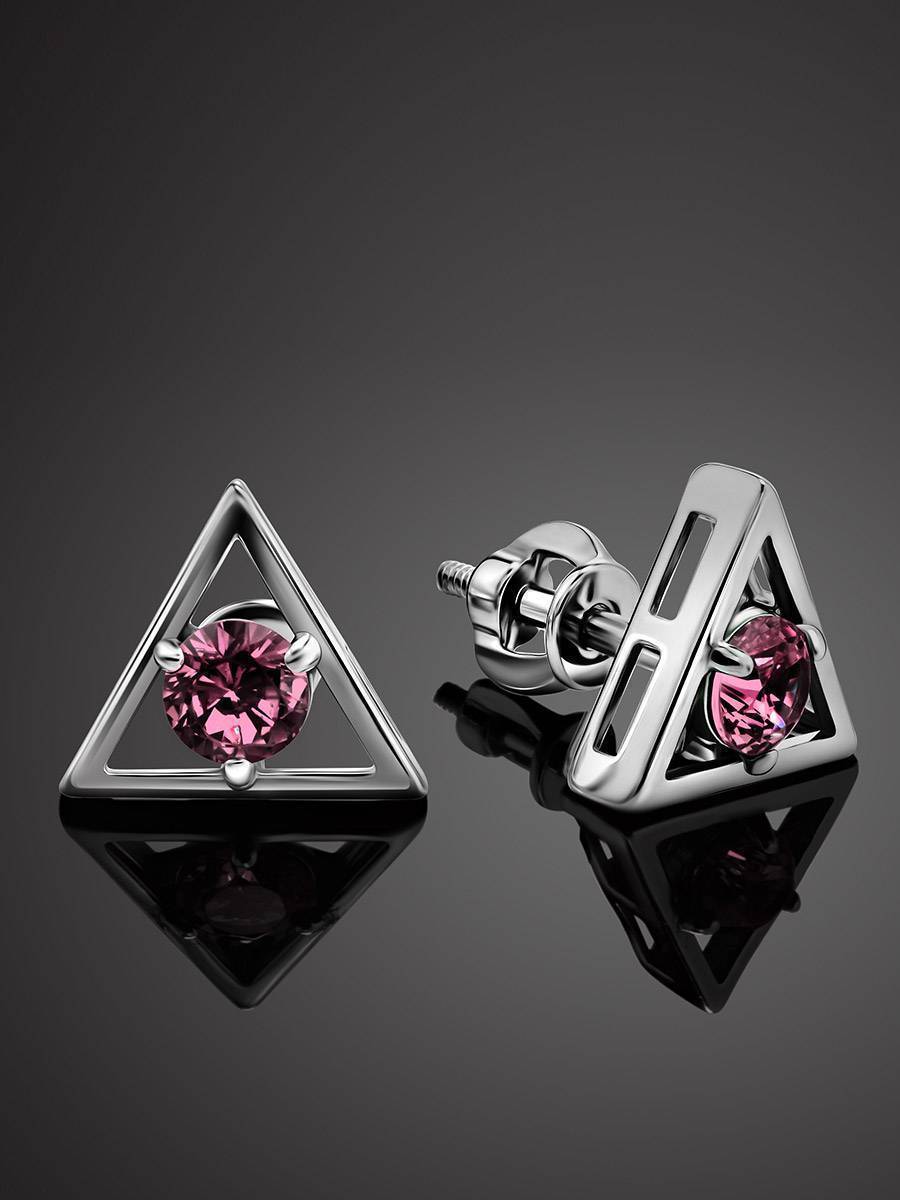 Triangle Silver Studs With Pink Crystals The Aurora							, image , picture 2