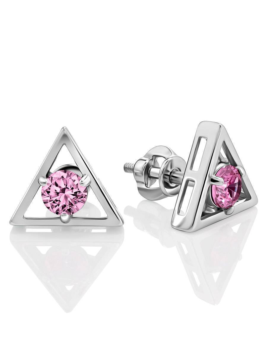 Triangle Silver Studs With Pink Crystals The Aurora							, image 