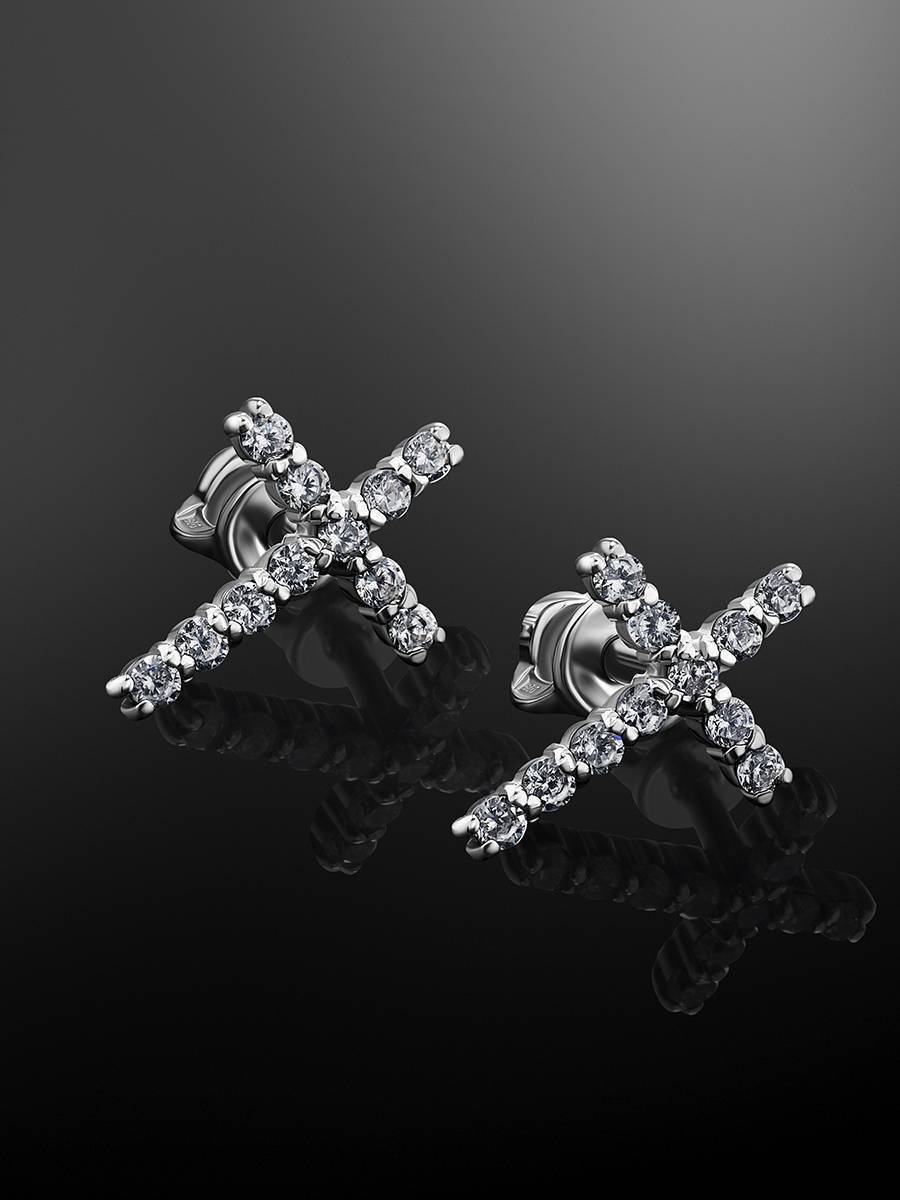 Silver Cross Studs With White Crystals The Aurora, image , picture 2