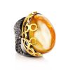 Bold Gold-Plated Cocktail Ring With Honey Amber The Sirena, Ring Size: Adjustable, image 