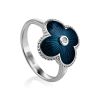 Silver Floral Ring With Dark Blue Enamel And Diamond The Heritage, Ring Size: 5.5 / 16, image 