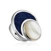 Designer Silver Cocktail Ring With Denim And Nacre, Ring Size: 8 / 18, image 