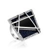 Geometric Design Silver Ring With Denim And Volcanic Glass, Ring Size: 9 / 19, image 