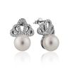 Classy Silver Pearl Stud Earrings With Crystals, image 