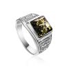 Square Silver Signet Ring With Green Amber The Cesar, Ring Size: 8.5 / 18.5, image 