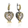 Designer Pomegranate Motif Silver Pearl Dangle Earrings, image 